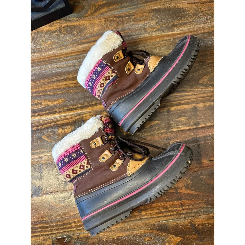 London Fog Snow Boots Kids Size 4 Tan Brown‎ Pink Fair Isle Faux Fur Lined
